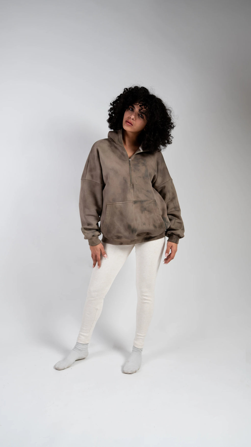 Peony Ease Half-Zip Hoodie - Light Brown